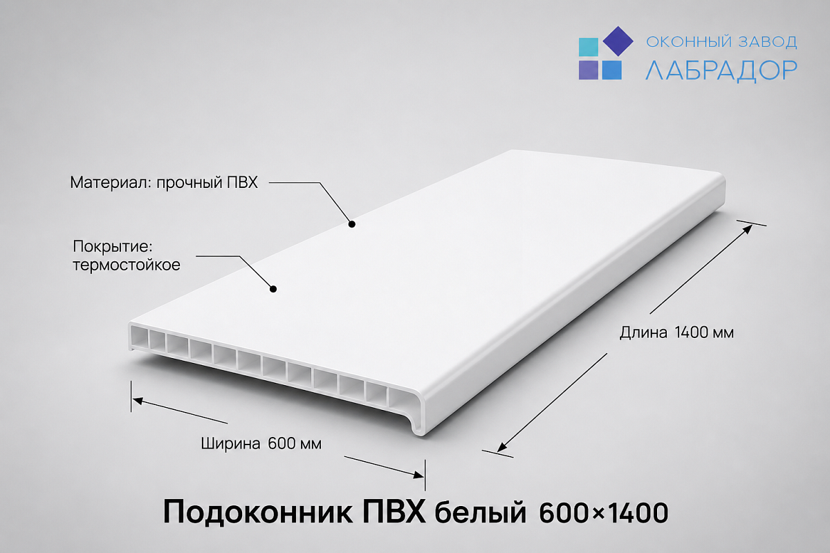 Подоконник ПВХ БЕЛЫЙ 600×1400 мм — рендер